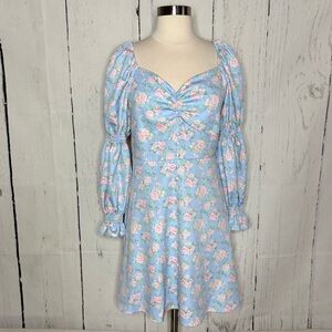 Floral Blue Dress with Puff Sleeves